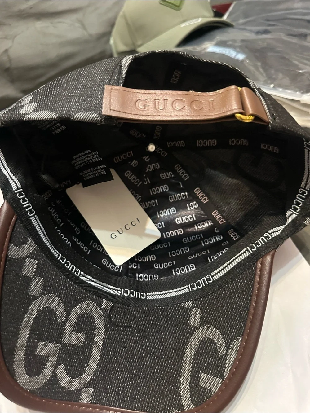 Gucci Men's Black GG Canvas Baseball Cap with Brown Leather Strap